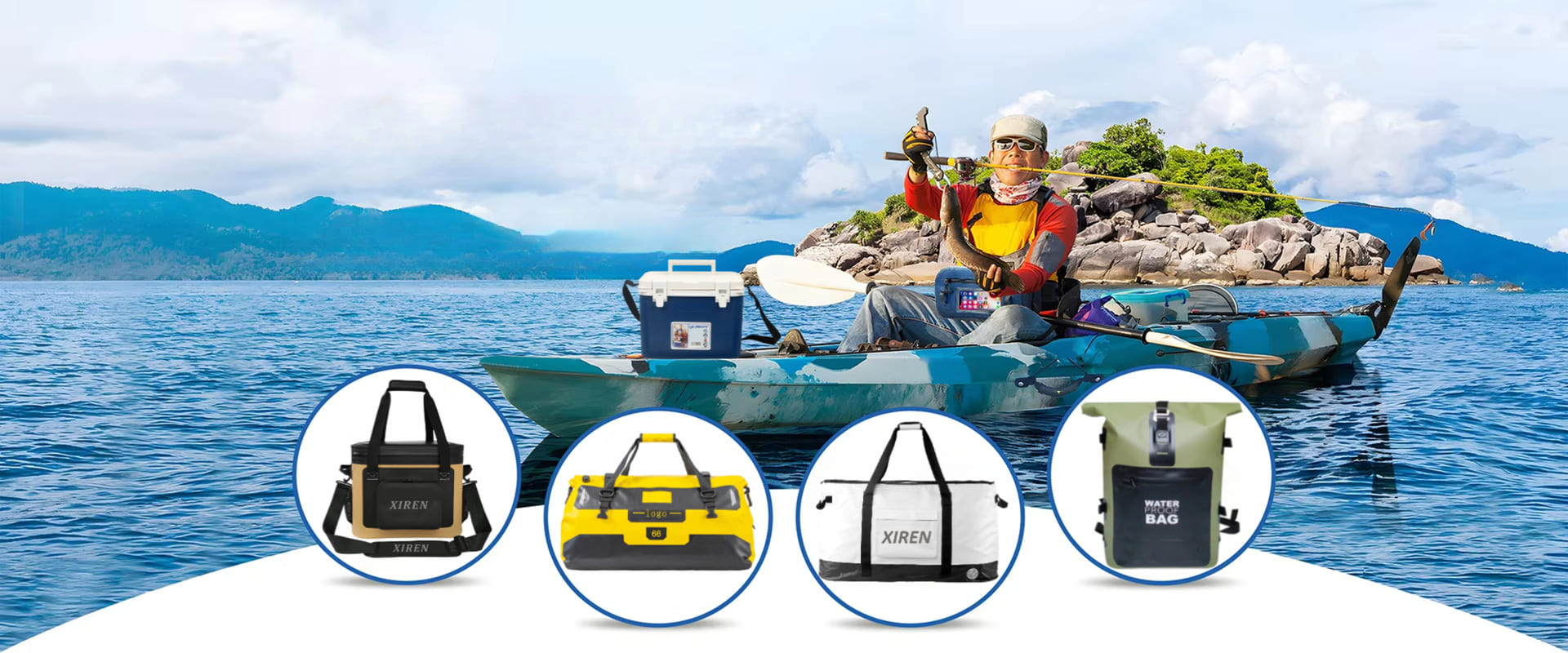 Outdoor waterproof gear in a coastal adventure scene