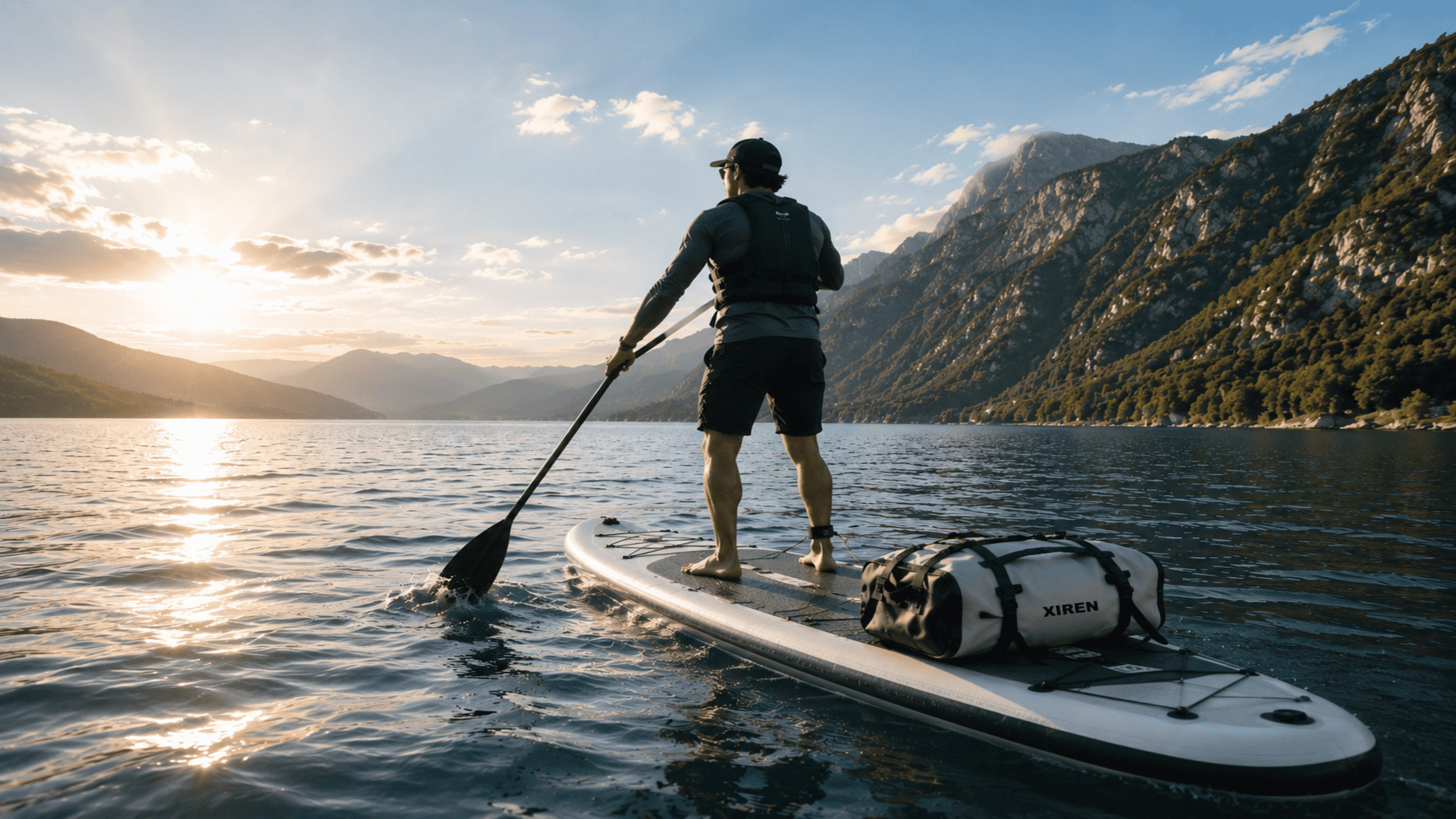 Waterproof outdoor bags beside open water